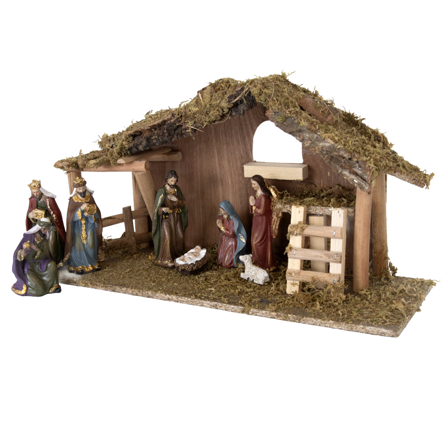 Handcrafted resin nativity set featuring nine detailed figurines with golden accents arranged around a moss-covered wooden stable, perfect for Home & Decor, Holiday Decor, Best Sellers, and Promo Eligible collections.