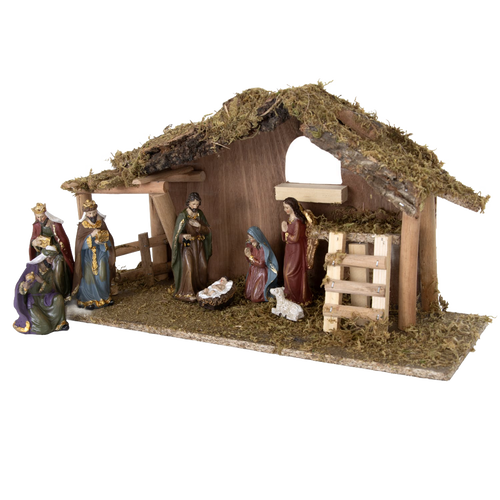 Handcrafted resin nativity set featuring nine detailed figurines with golden accents arranged around a moss-covered wooden stable, perfect for Home & Decor, Holiday Decor, Best Sellers, and Promo Eligible collections.