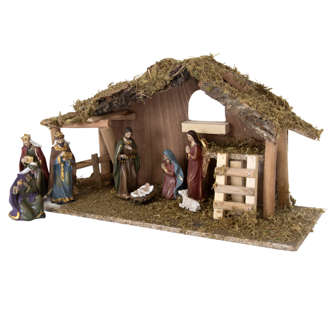 Handcrafted resin nativity set featuring nine detailed figurines with golden accents arranged around a moss-covered wooden stable, perfect for Home & Decor, Holiday Decor, Best Sellers, and Promo Eligible collections.