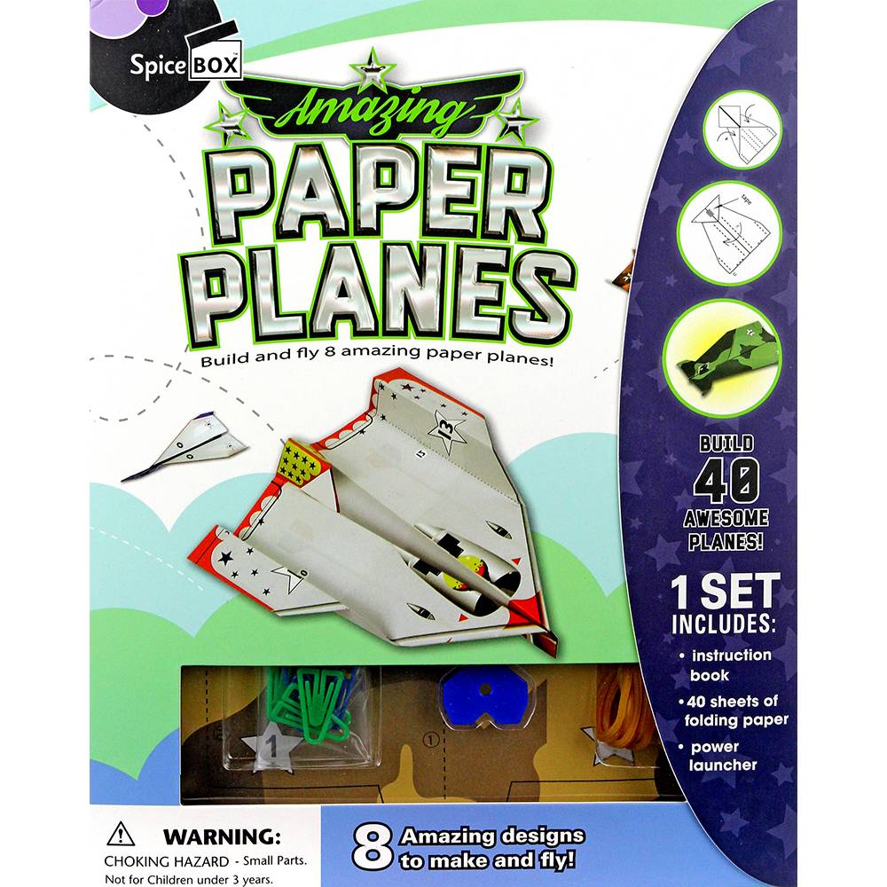 Colorful packaging for a paper plane kit featuring instructions for building eight different paper plane designs, with materials and a power launcher shown, ideal for indoor play and arts and crafts.