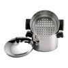 Stainless steel 3-quart stackable saucepot with steamer insert and lid, featuring black handles, ideal for Kitchen & Food, Cookware, Pots and Pans, Best Sellers, and Promo Eligible collections.