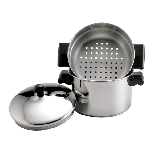 Stainless steel 3-quart stackable saucepot with steamer insert and lid, featuring black handles, ideal for Kitchen & Food, Cookware, Pots and Pans, Best Sellers, and Promo Eligible collections.
