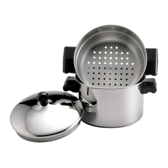 Stainless steel 3-quart stackable saucepot with steamer insert and lid, featuring black handles, ideal for Kitchen & Food, Cookware, Pots and Pans, Best Sellers, and Promo Eligible collections.