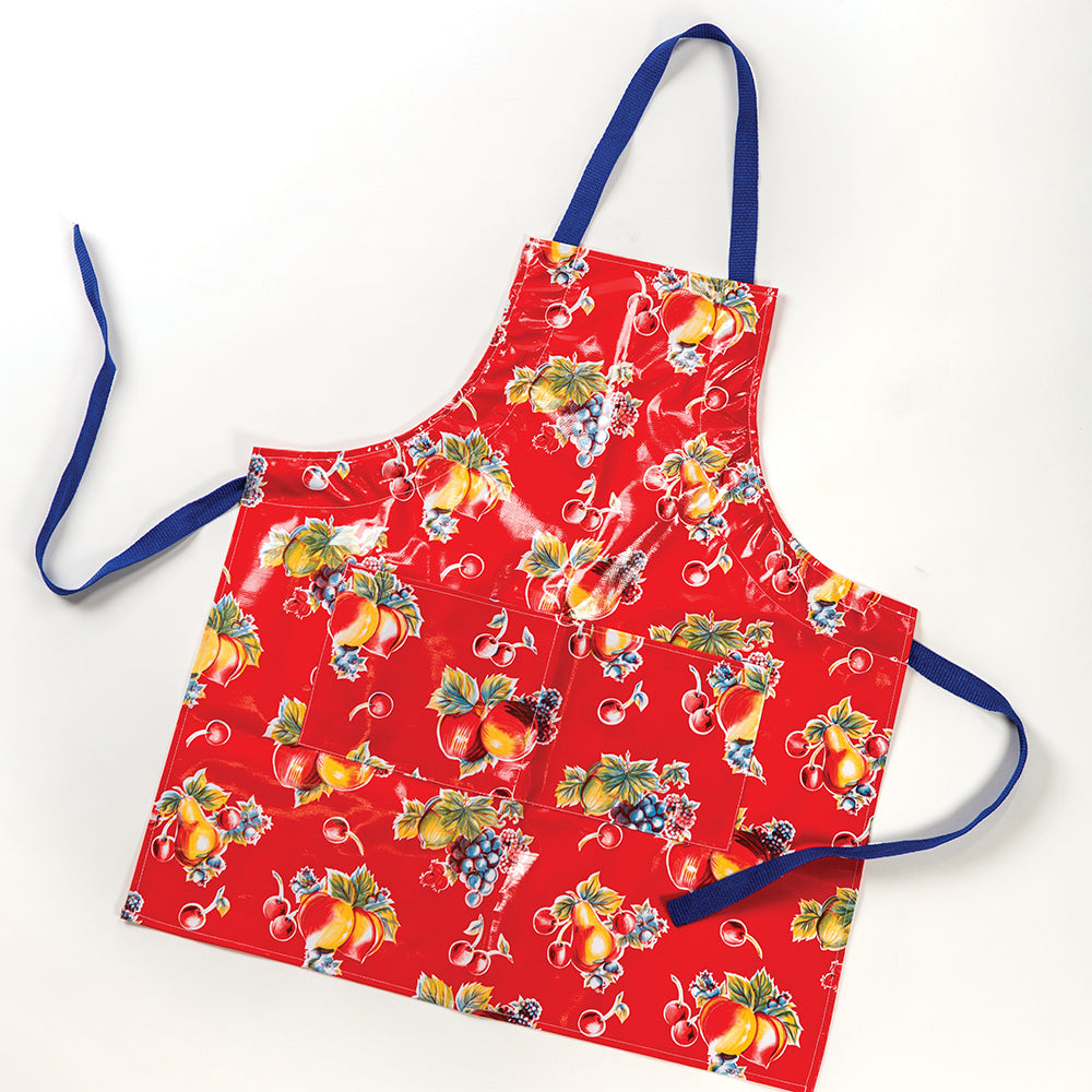 Handcrafted retro vinyl apron with vibrant fruit pattern and adjustable blue straps, featuring two large pockets, perfect for Kitchen & Food, Kitchen Accessories, and USA Made collections.