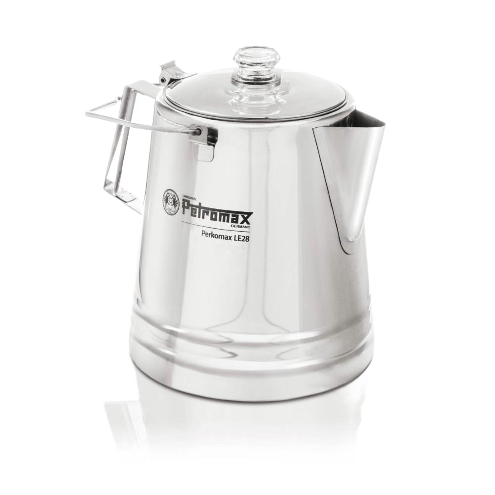 Polished stainless steel percolator with clear glass lid and foldable handle, designed for gentle coffee and tea brewing, suitable for Kitchen & Food, Camping, and Best Sellers collections.