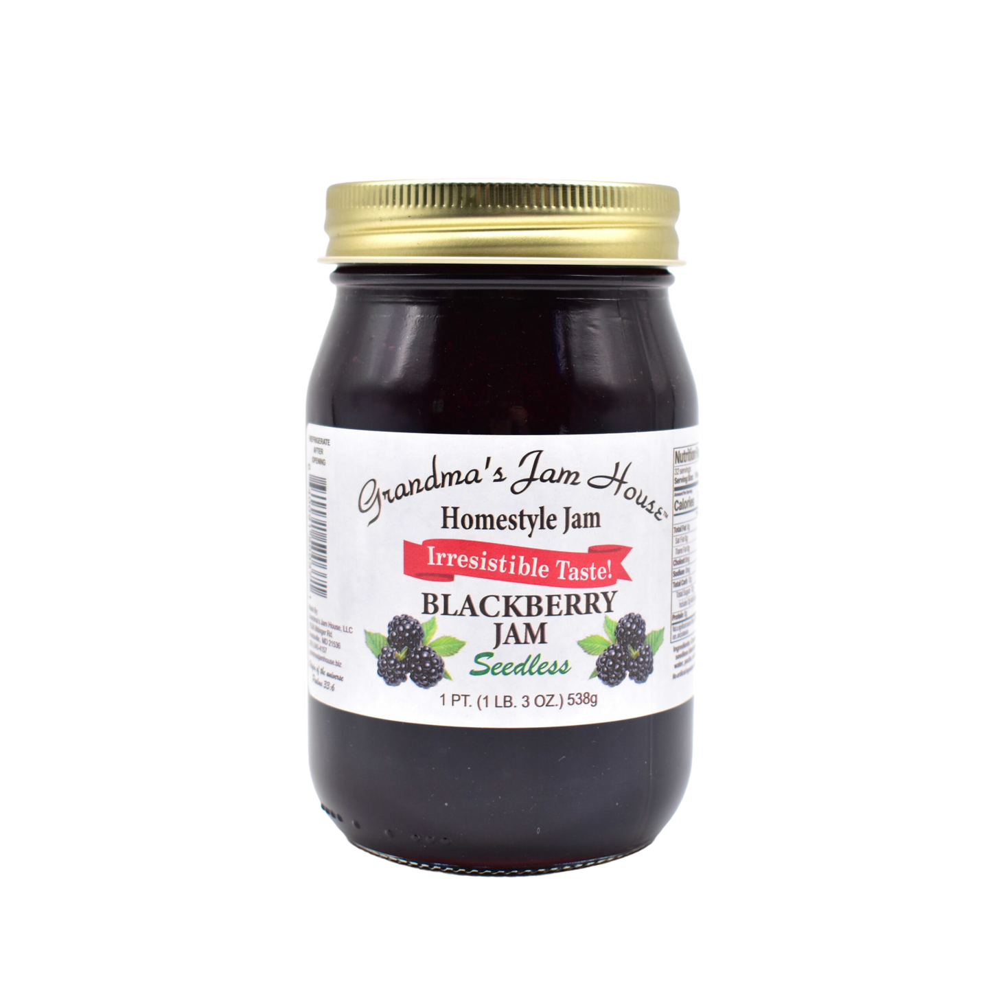Handcrafted glass jar of seedless blackberry jam with gold lid and white label featuring blackberry illustrations, made in USA, ideal for Kitchen & Food, Pantry, Peanut Butter & Jellies, Best Sellers, and Promo Eligible collections.