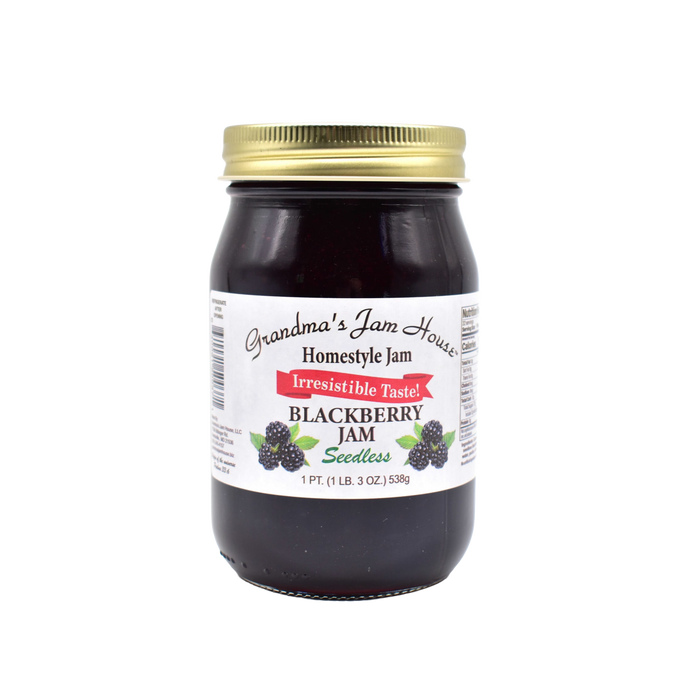Handcrafted glass jar of seedless blackberry jam with gold lid and white label featuring blackberry illustrations, made in USA, ideal for Kitchen & Food, Pantry, Peanut Butter & Jellies, Best Sellers, and Promo Eligible collections.