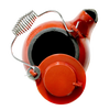 Bright red enamel cast iron kettle with coiled metal handle and removable lid, designed for use on wood stoves, perfect for Hearth Accessories, Stoves, and Best Sellers collections.