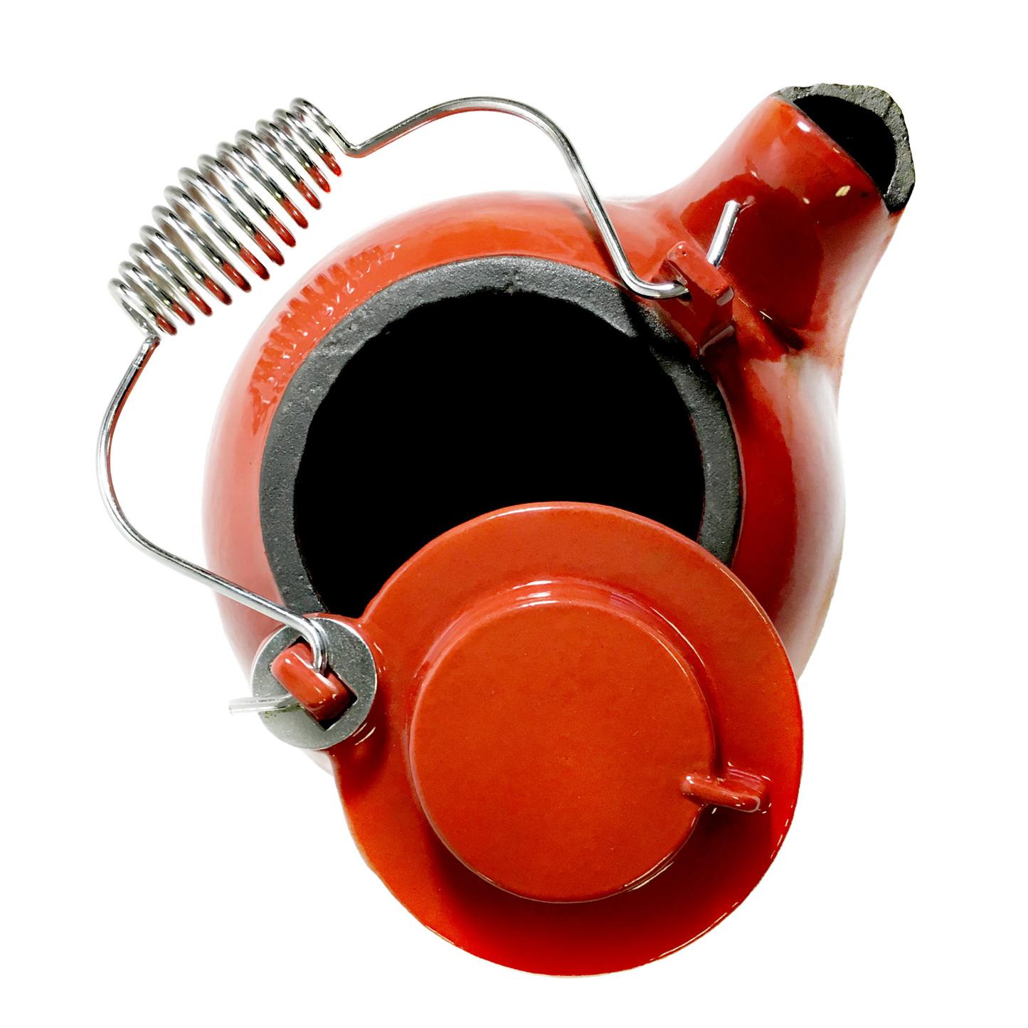 Bright red enamel cast iron kettle with coiled metal handle and removable lid, designed for use on wood stoves, perfect for Hearth Accessories, Stoves, and Best Sellers collections.