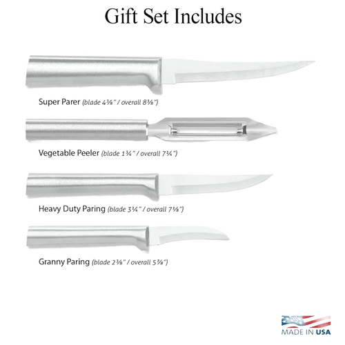 Set of four versatile meal prep tools with stainless steel blades and ergonomic handles, including paring knives and a vegetable peeler, handcrafted and made in USA, ideal for Kitchen & Food and Farm, Garden & Tool collections.