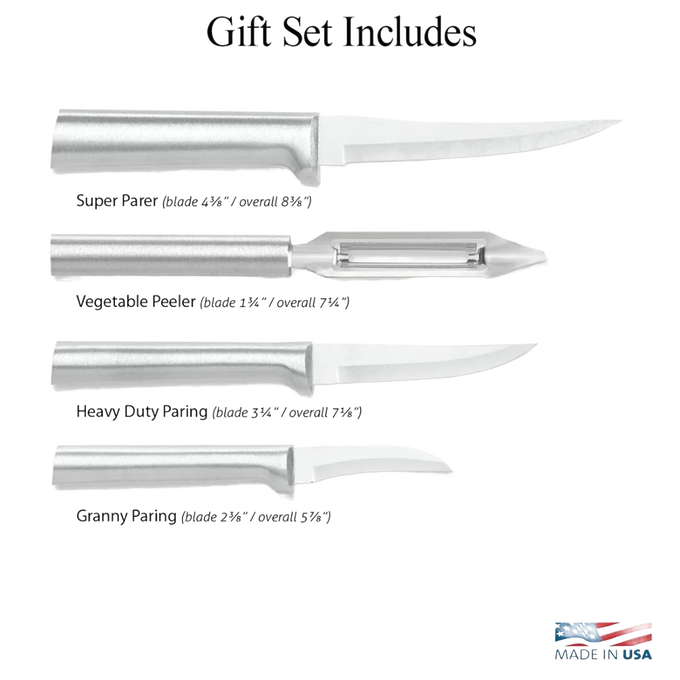 Set of four versatile meal prep tools with stainless steel blades and ergonomic handles, including paring knives and a vegetable peeler, handcrafted and made in USA, ideal for Kitchen & Food and Farm, Garden & Tool collections.