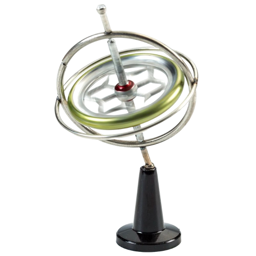 Metal gyroscope with a polished silver finish and black conical stand, demonstrating gyroscopic motion, featured in Toys, Books & Games, USA Made, Children's Toys, and Best Sellers collections.
