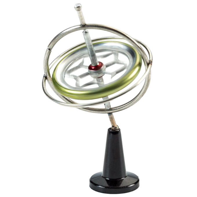 Metal gyroscope with a polished silver finish and black conical stand, demonstrating gyroscopic motion, featured in Toys, Books & Games, USA Made, Children's Toys, and Best Sellers collections.