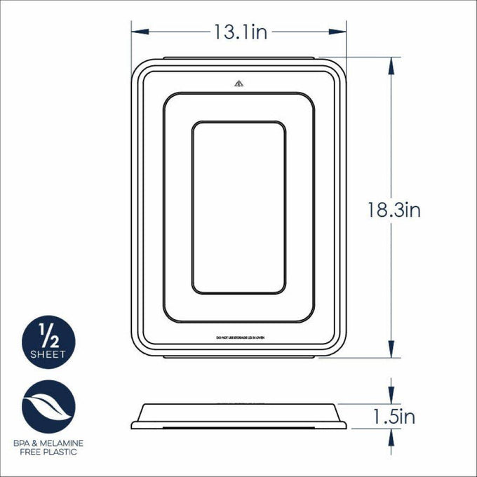 Diagram of a durable BPA and melamine-free plastic half-sheet baking pan lid measuring 13.1 by 18.3 inches with a 1.5-inch height, designed for easy storage and transport in Kitchen & Food and Baking Supplies collections.