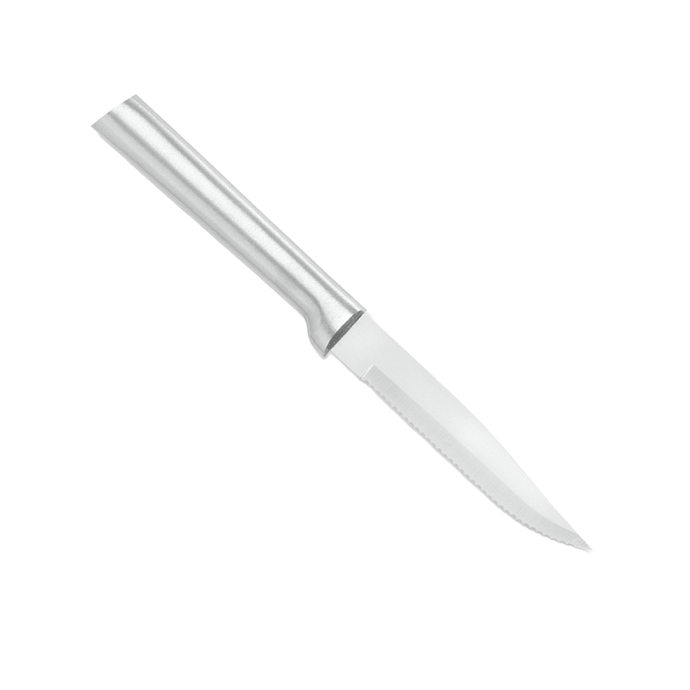 Handcrafted serrated steak knife with a high carbon surgical quality stainless steel blade and solid aluminum handle, made in USA for Kitchen & Food and Best Sellers collections.