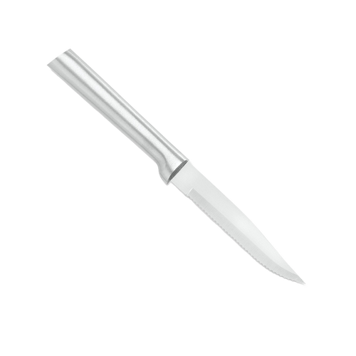 Handcrafted serrated steak knife with a high carbon surgical quality stainless steel blade and solid aluminum handle, made in USA for Kitchen & Food and Best Sellers collections.