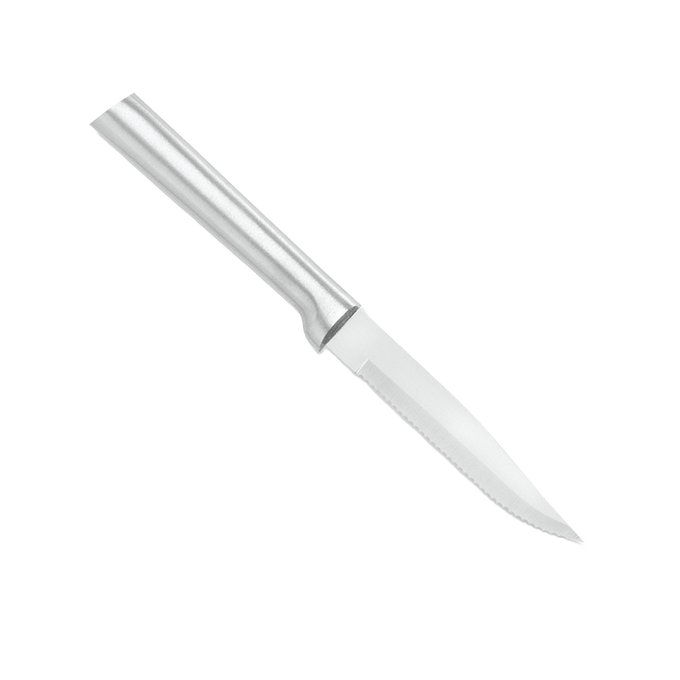 Handcrafted serrated steak knife with a high carbon surgical quality stainless steel blade and solid aluminum handle, made in USA for Kitchen & Food and Best Sellers collections.
