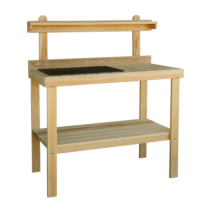 Handcrafted cypress garden table made in USA by Amish craftsmen, featuring a durable unfinished wood surface with slatted work areas and a lower storage shelf ideal for outdoor gardening tasks.