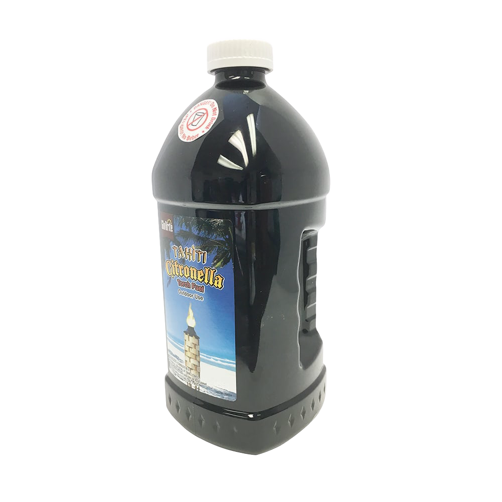 Large black plastic container of handcrafted citronella fuel with a white cap, designed to repel insects and provide clean light for outdoor camping, gardening, and pest control needs.