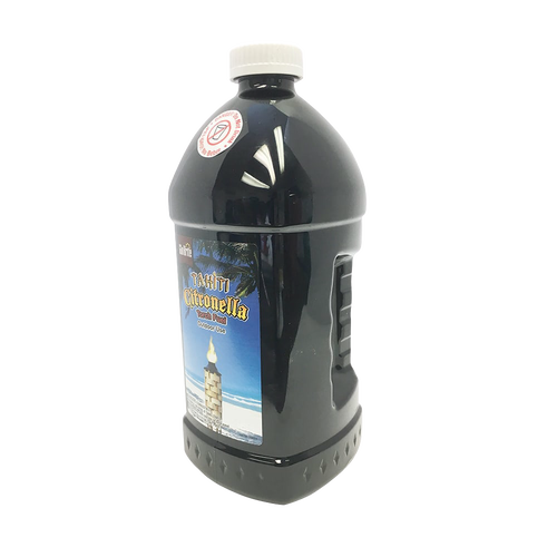 Large black plastic container of handcrafted citronella fuel with a white cap, designed to repel insects and provide clean light for outdoor camping, gardening, and pest control needs.
