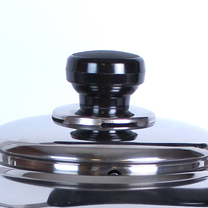 Close-up of the black plastic handle on a polished stainless steel kettle lid, part of a durable kitchen and brewing accessory in a best sellers and promo-eligible collection.