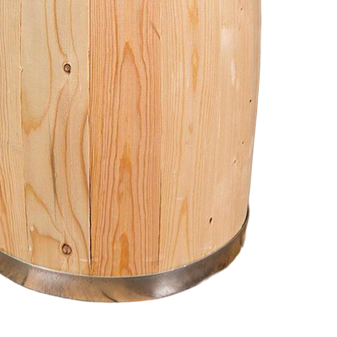 Close-up of a rustic wooden keg with metal banding at the base, showcasing handcrafted details perfect for Home & Decor, Indoor Furniture, USA Made, Best Sellers, and Promo Eligible collections.