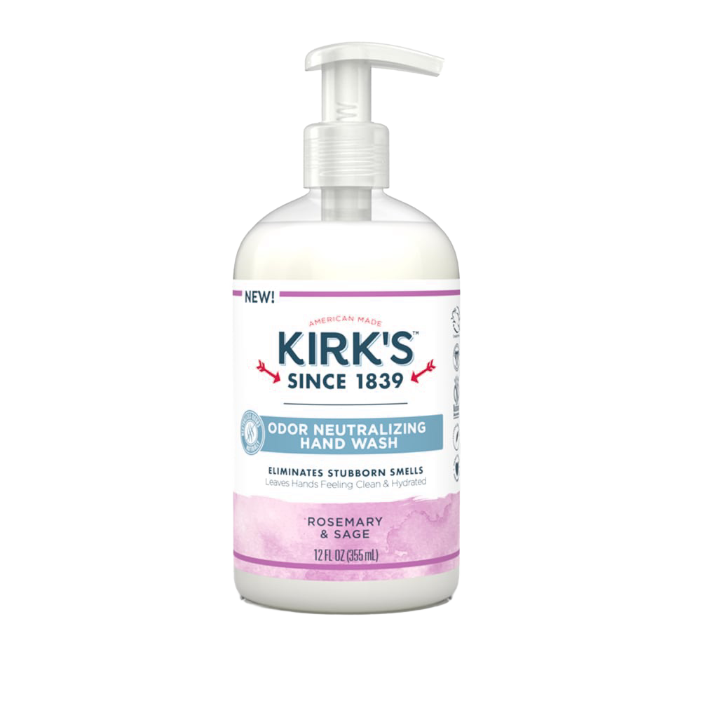 Clear plastic pump bottle of Kirk's Odor Neutralizing Hydrating Hand Wash in rosemary and sage scent, made in USA, featured in Health & Wellness, Soaps, Grooming, and Best Sellers collections.
