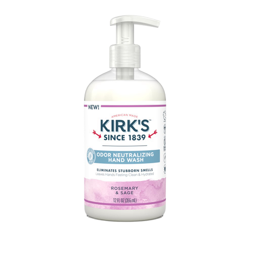 Clear plastic pump bottle of Kirk's Odor Neutralizing Hydrating Hand Wash in rosemary and sage scent, made in USA, featured in Health & Wellness, Soaps, Grooming, and Best Sellers collections.