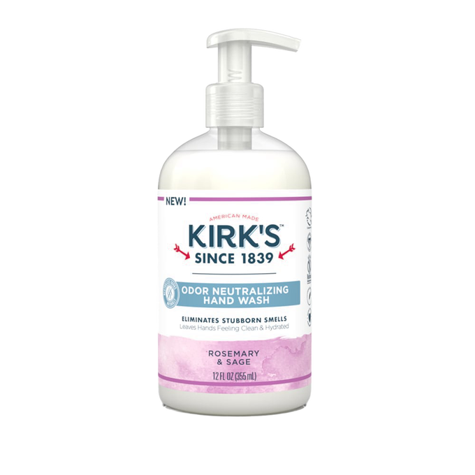 Clear plastic pump bottle of Kirk's Odor Neutralizing Hydrating Hand Wash in rosemary and sage scent, made in USA, featured in Health & Wellness, Soaps, Grooming, and Best Sellers collections.