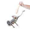 Handcrafted smoothly sanded hardwood stomper held over a shiny metal meat grinder with fresh red meat, featured in Kitchen & Food, Specialty Equipment, Butchering Supplies, USA Made, Amish Made, and Best Sellers collections.