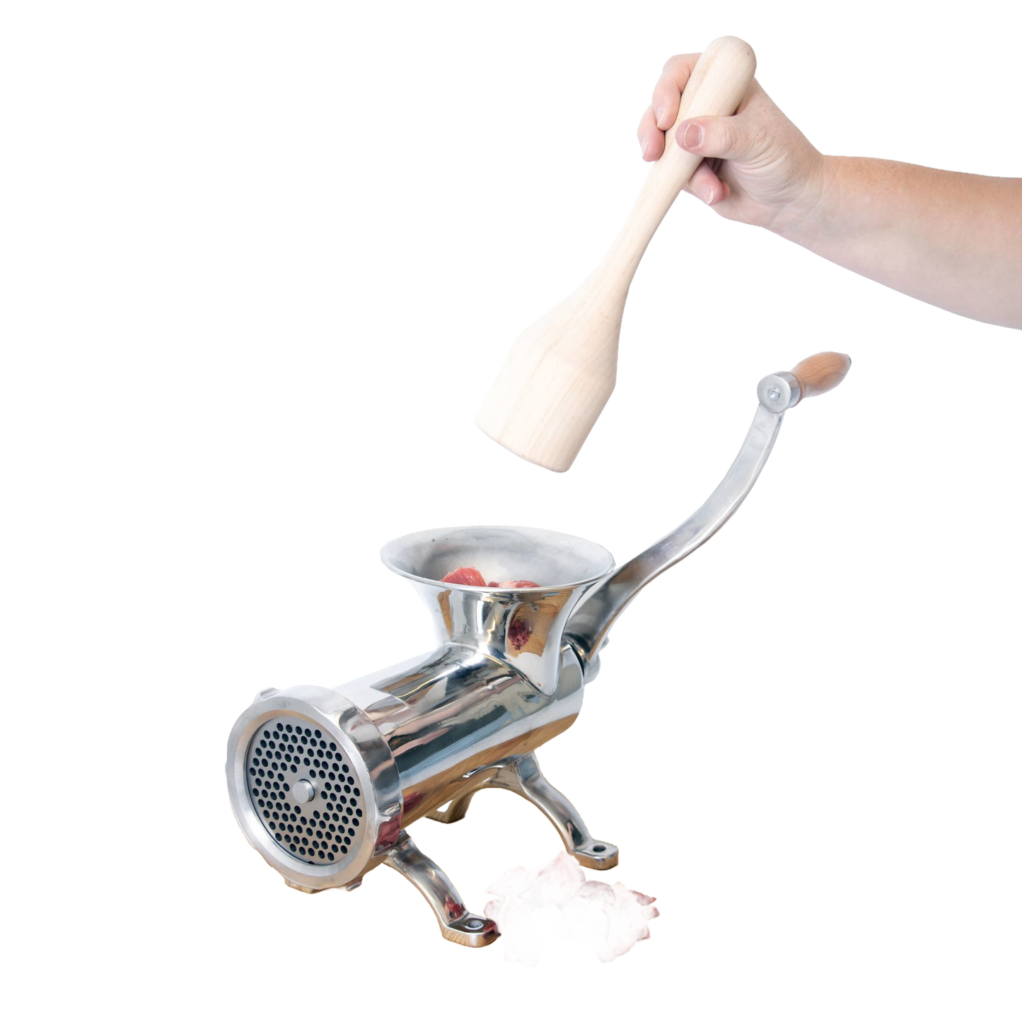 Handcrafted smoothly sanded hardwood stomper held over a shiny metal meat grinder with fresh red meat, featured in Kitchen & Food, Specialty Equipment, Butchering Supplies, USA Made, Amish Made, and Best Sellers collections.