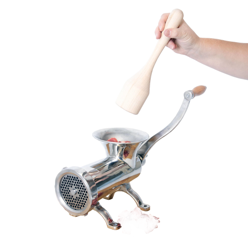 Handcrafted smoothly sanded hardwood stomper held over a shiny metal meat grinder with fresh red meat, featured in Kitchen & Food, Specialty Equipment, Butchering Supplies, USA Made, Amish Made, and Best Sellers collections.
