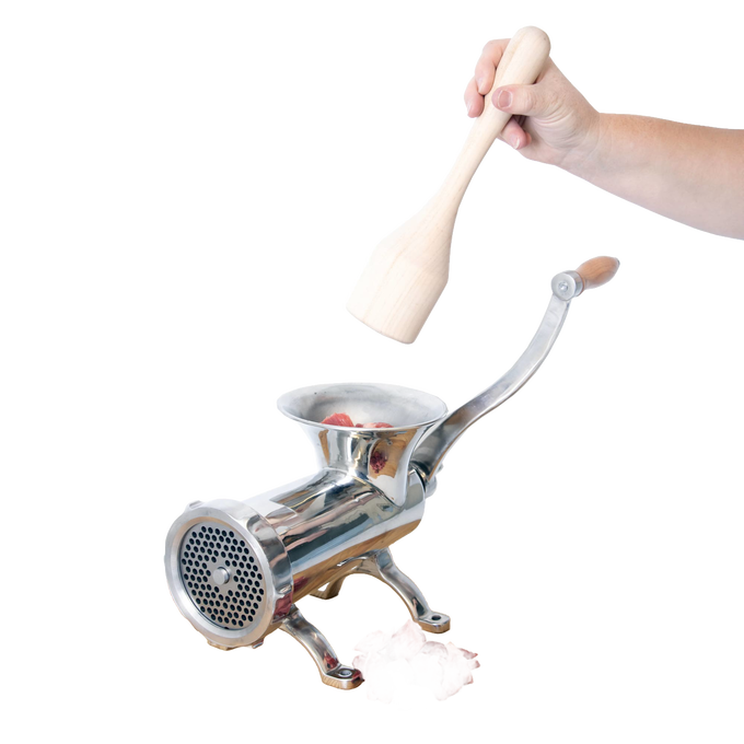Handcrafted smoothly sanded hardwood stomper held over a shiny metal meat grinder with fresh red meat, featured in Kitchen & Food, Specialty Equipment, Butchering Supplies, USA Made, Amish Made, and Best Sellers collections.