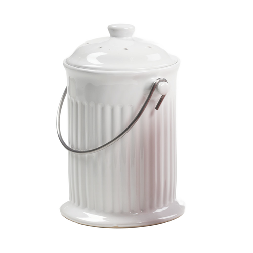 Handcrafted white ceramic compost keeper with a gleaming finish and sturdy stainless steel handle, featuring built-in odor control, perfect for Farm, Garden & Tool, Composting, and Garden Accessories collections.