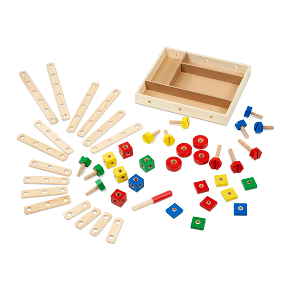 Wooden construction set with colorful screws, nuts, bolts, and connecting bars, designed to develop fine motor skills and hand-eye coordination in indoor play and children's toys.