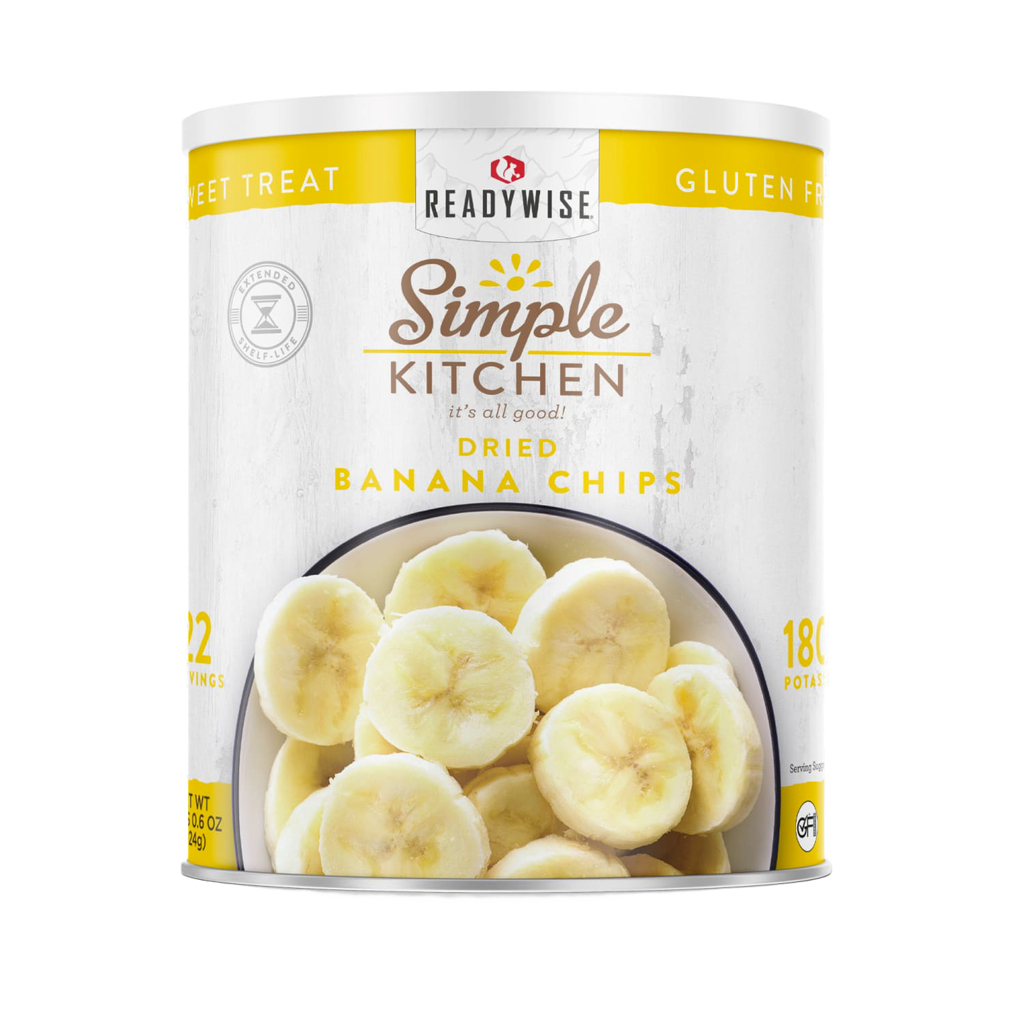 Can of dried banana chips with a bright label featuring sliced bananas, promoting gluten-free, shelf-stable snacks ideal for emergency supplies, pantry, and farm collections.