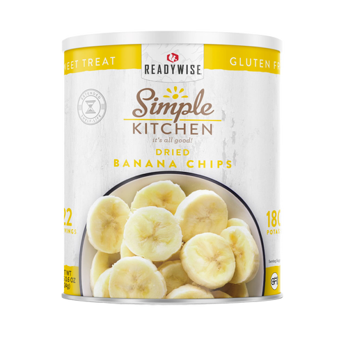 Can of dried banana chips with a bright label featuring sliced bananas, promoting gluten-free, shelf-stable snacks ideal for emergency supplies, pantry, and farm collections.