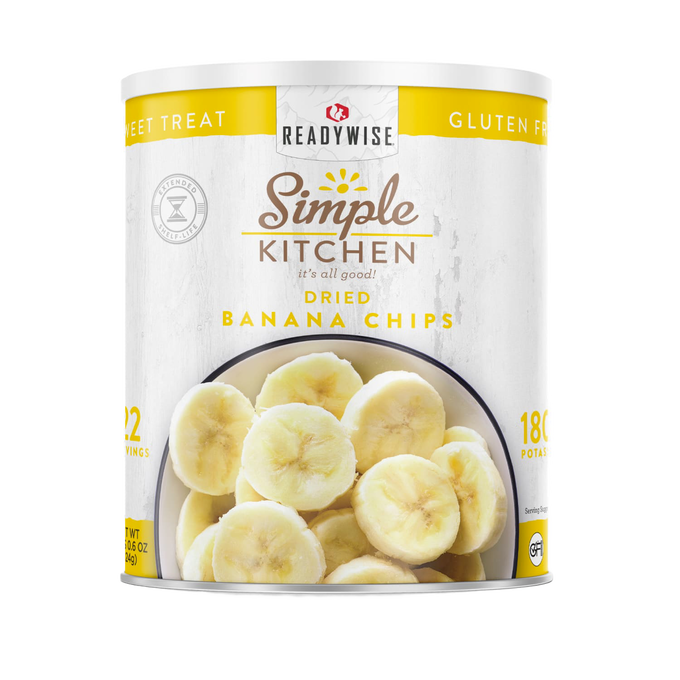 Can of dried banana chips with a bright label featuring sliced bananas, promoting gluten-free, shelf-stable snacks ideal for emergency supplies, pantry, and farm collections.