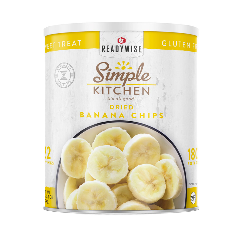 Can of dried banana chips with a bright label featuring sliced bananas, promoting gluten-free, shelf-stable snacks ideal for emergency supplies, pantry, and farm collections.