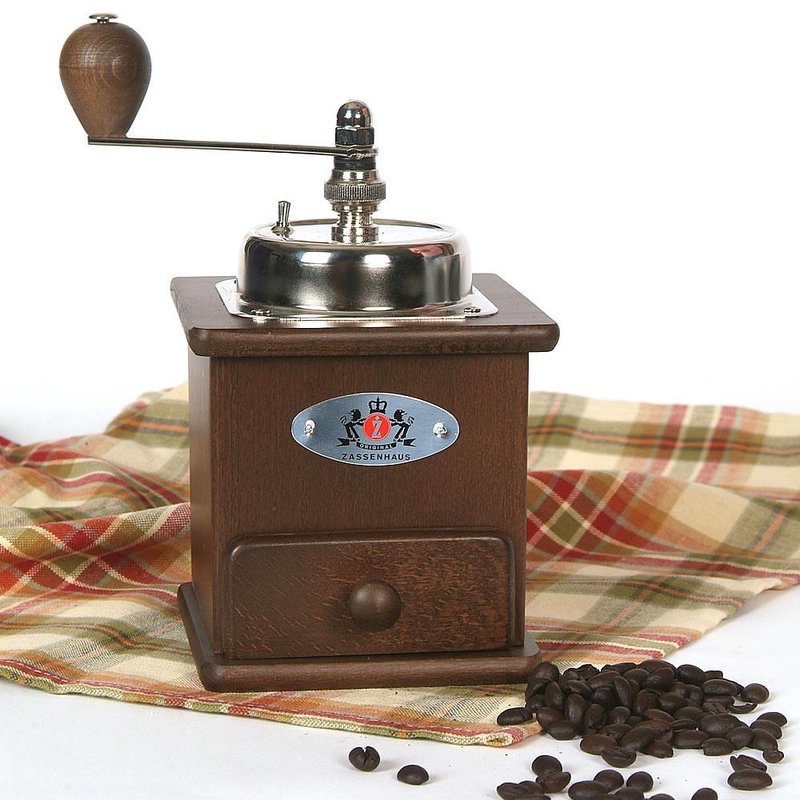 Handcrafted wooden coffee grinder with a polished metal top and extended crank handle, shown with coffee beans on a plaid cloth, ideal for Farm, Garden & Tool and Brewing Coffee and Tea collections.