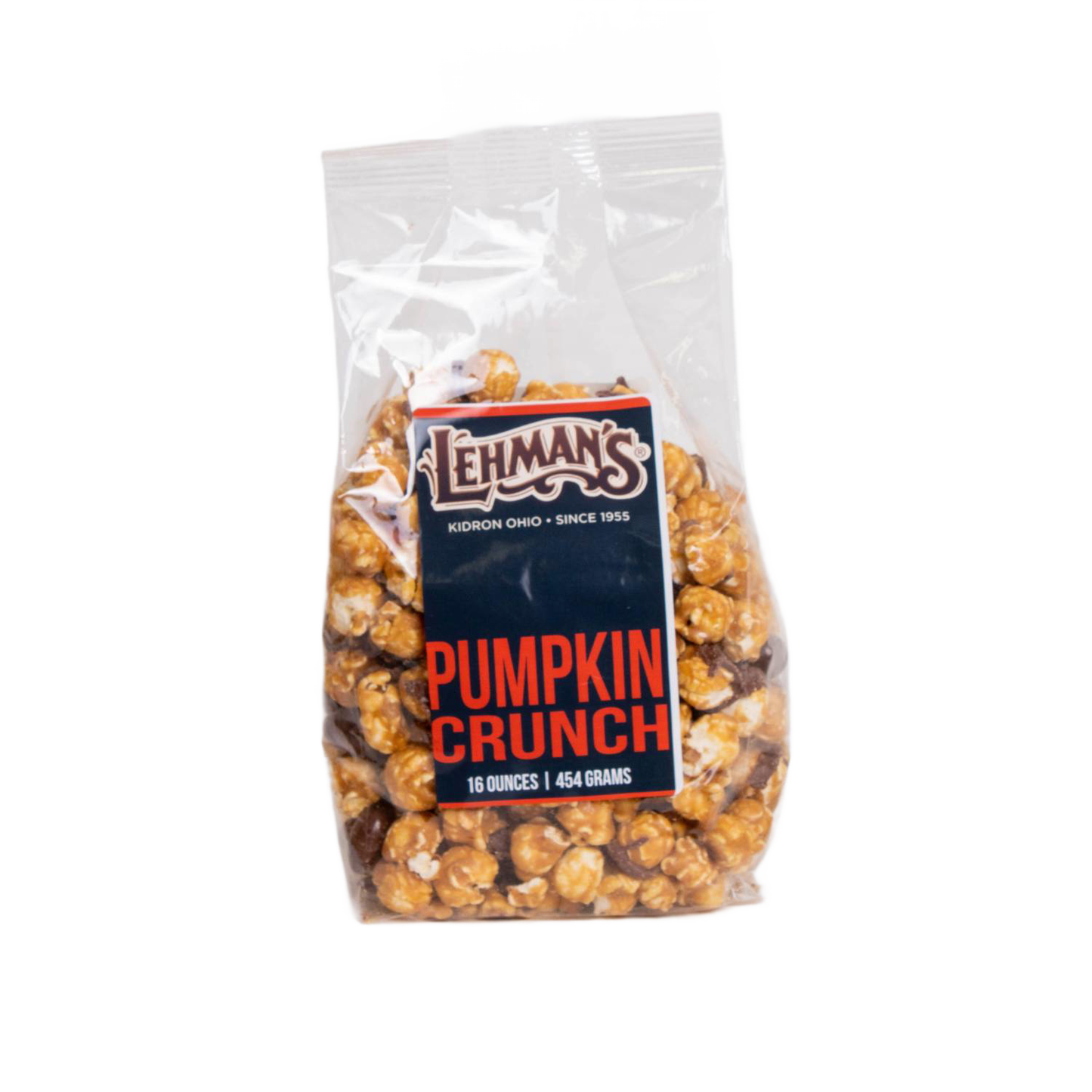 Clear bag of handcrafted pumpkin-flavored caramel popcorn crunch by Lehman's, made in USA, part of Kitchen & Food, Snacks and Sweets, Popcorn, USA Made, and Best Sellers collections.