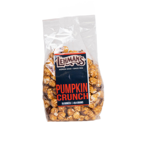 Clear bag of handcrafted pumpkin-flavored caramel popcorn crunch by Lehman's, made in USA, part of Kitchen & Food, Snacks and Sweets, Popcorn, USA Made, and Best Sellers collections.