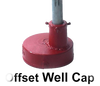 Red metal offset well cap designed to fit securely over pump shaft openings for water pumps, crafted with durable materials and made in USA for reliable deep well use.