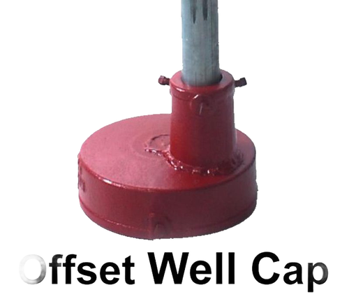 Red metal offset well cap designed to fit securely over pump shaft openings for water pumps, crafted with durable materials and made in USA for reliable deep well use.