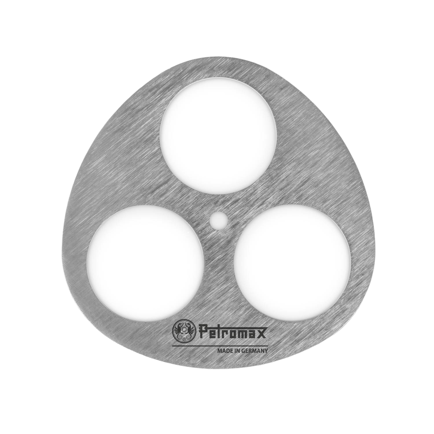 Lightweight stainless steel lashing disc with three large openings and engraved logo, designed for creating branch cooking tripods, ideal for Farm, Garden & Tool, Camping, Best Sellers, and Promo Eligible collections.