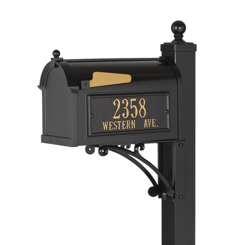 Black and gold handcrafted custom mailbox with matching post featuring raised address numbers, designed to enhance curb appeal in Home & Decor and Mailboxes and Address Signs collections.