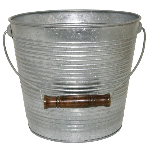 Galvanized metal ribbed bucket planter with wooden grip handle and drainage, featuring a vintage design ideal for Farm, Garden & Tool, Garden Accessories, Seeds and Planting, and Best Sellers collections.