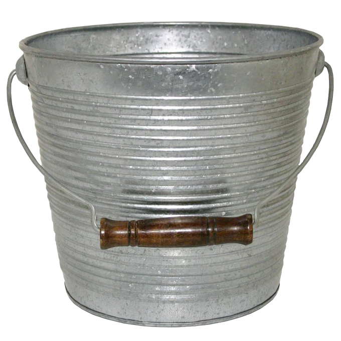 Galvanized metal ribbed bucket planter with wooden grip handle and drainage, featuring a vintage design ideal for Farm, Garden & Tool, Garden Accessories, Seeds and Planting, and Best Sellers collections.