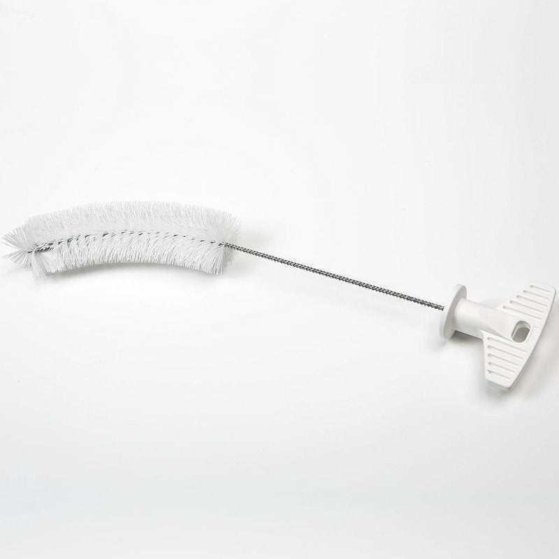 Curved cleaning brush with white nonabrasive bristles and a plastic T-shape handle designed for easy grip, ideal for bottles and narrow-neck containers, part of USA Made and Household Cleaning collections.