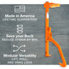 Bright orange log lifting and rolling tool with ergonomic cant hook design displayed on a wooden background, highlighting handcrafted USA made quality and modular versatility for farm, garden, and wood hauling tasks.